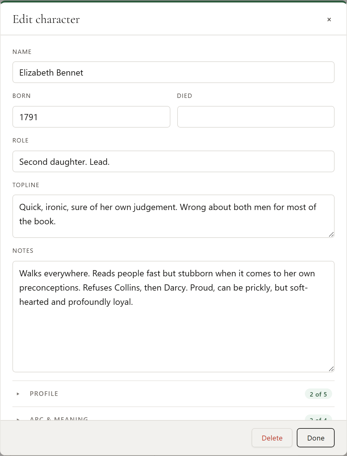 A character's card: name, description, notes and the scenes they appear in