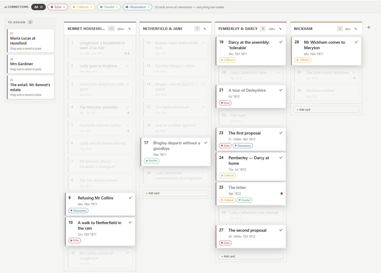 Zemble plan board with the Connections layer active, showing coloured badges on cards for connection types — Echo, Callback, Parallel, and Dissonance
