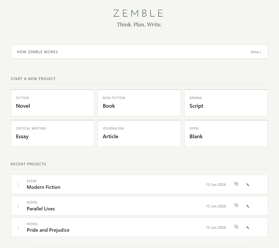 Zemble dashboard showing template options including Novel, Book, Script, Essay, Article and Blank, with recent projects listed below