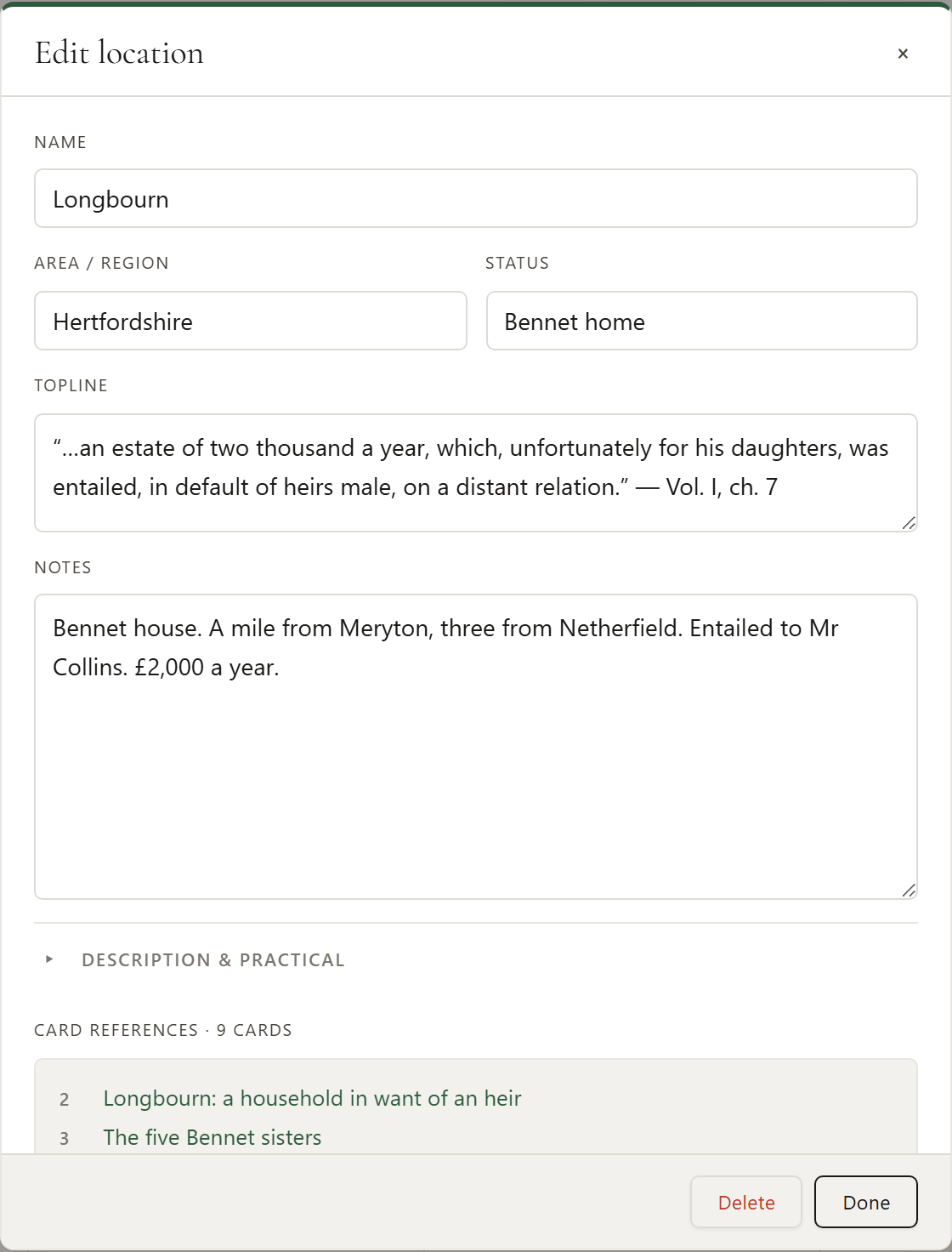 A location's card: the place, its region and its notes
