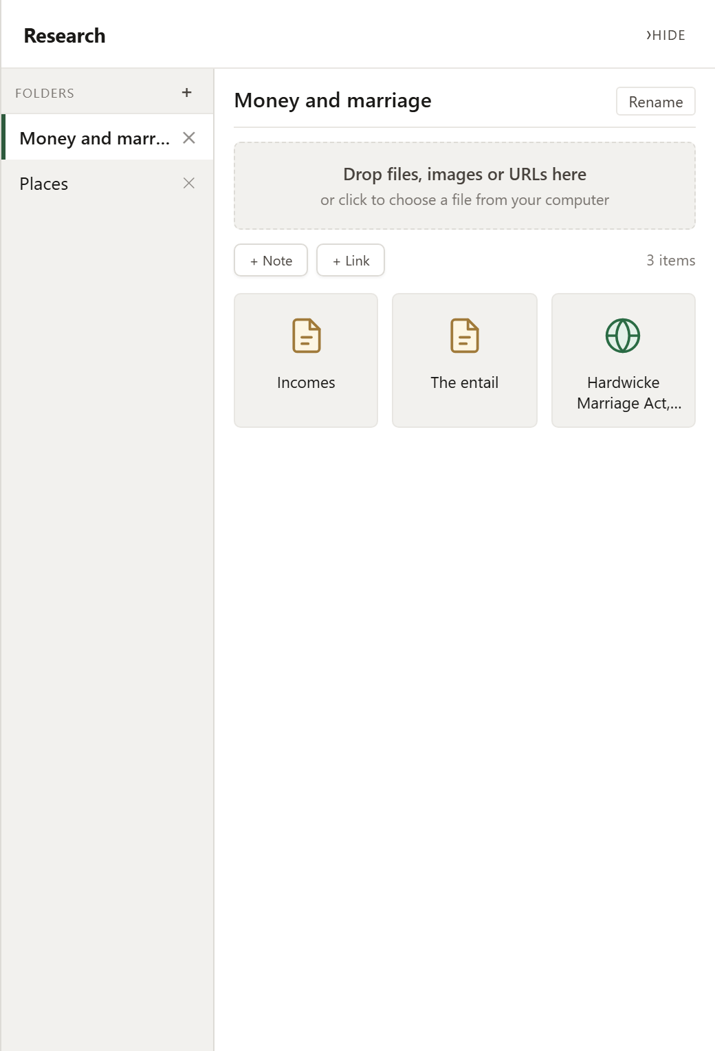 The Research panel: folders of notes, links and images for the whole project