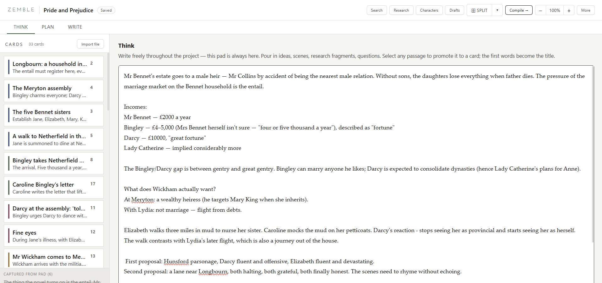 Zemble Think Pad showing free-form notes on Pride and Prejudice with cards promoted from the pad in the sidebar