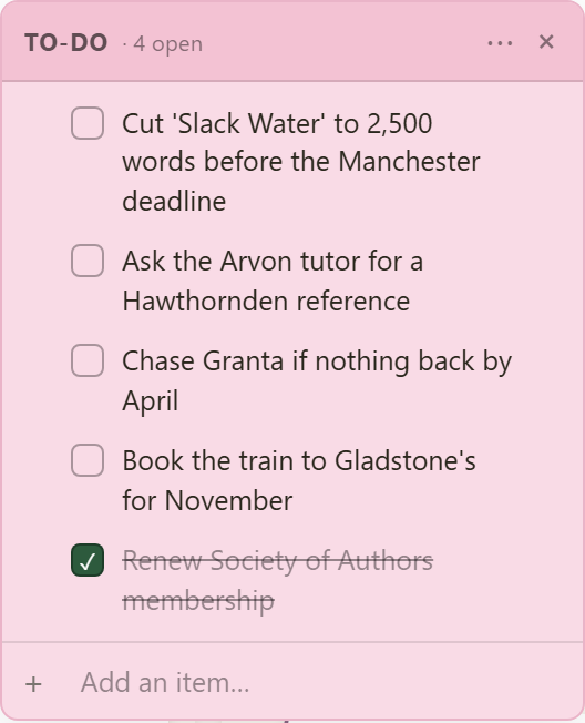 The To-Do card, in pink, with four items and one ticked off