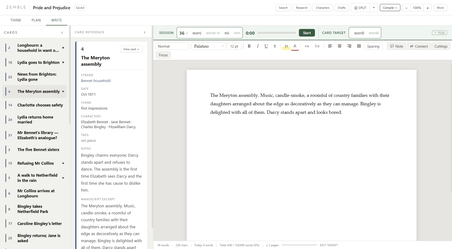 Zemble Write view showing the page-feel editor with the opening of Pride and Prejudice, card reference panel alongside with notes and metadata, and session word count bar