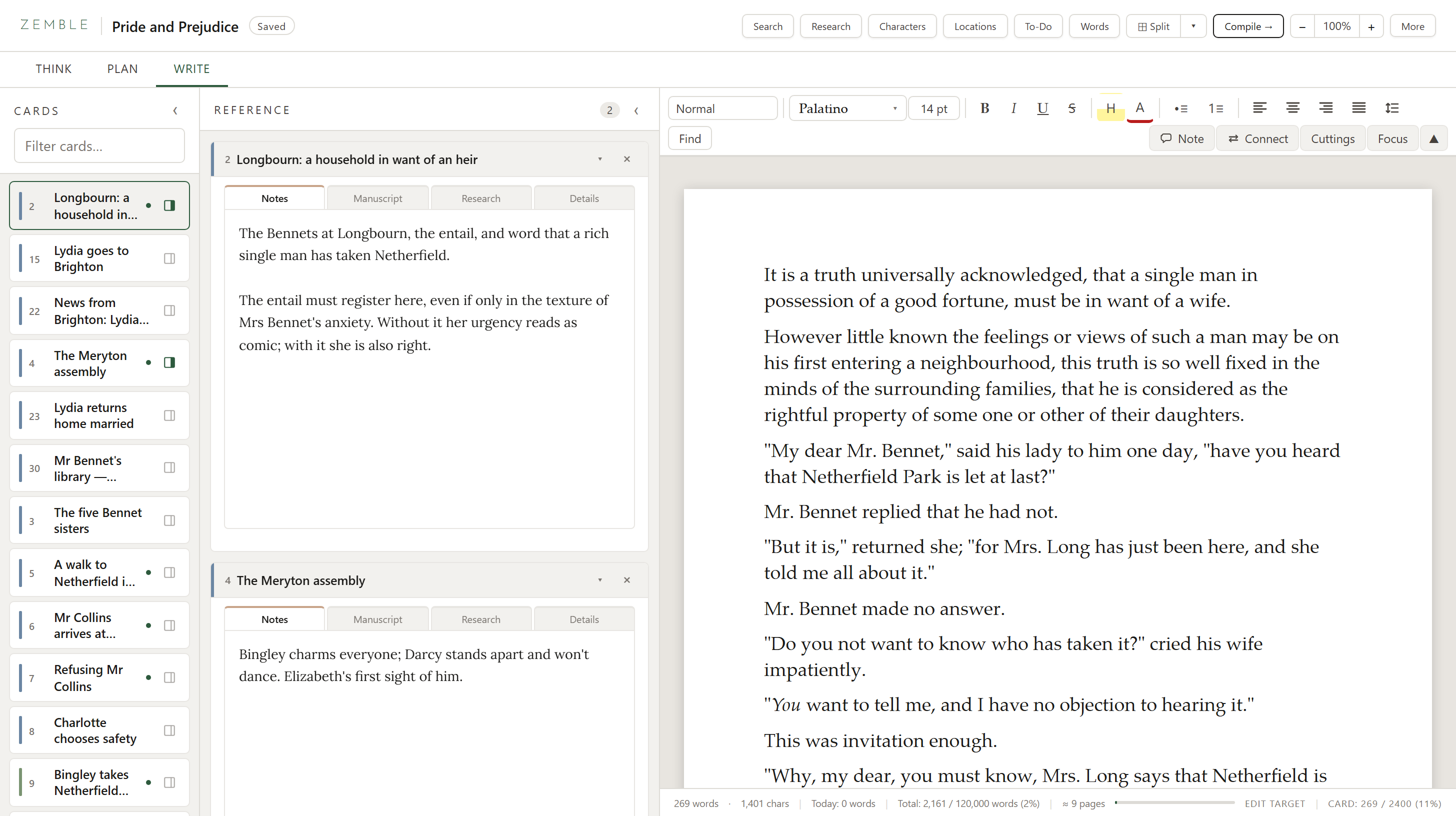 The Write view: the page in the middle, the card list on the left, the reference panel folded away